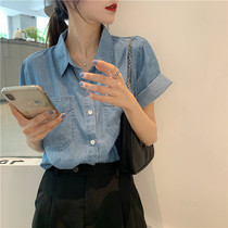 Early autumn fashion thin short sleeve denim shirt female retro Hong Kong flavor loose design sense niche shirt stacked shirt