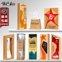 Annual meeting solid wood crystal trophy custom lettering creative five-pointed star souvenir custom champion trophy wooden medal