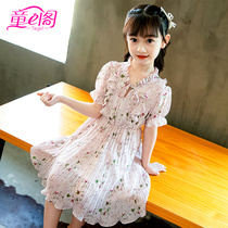 Girls short-sleeved small floral dress summer new medium and large childrens pleated skirt Lady wind childrens Chiffon skirt thin