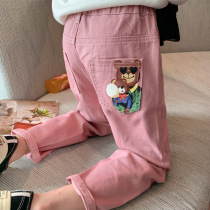 Childrens clothing girls Cowboy Spring and Autumn clothing 2021 New Korean embroidered childrens clothing childrens trousers
