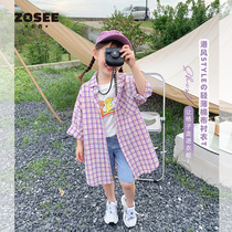 Left West Girl Plaid Shirt Summer Children Medium Long shirt pure cotton girl CUHK Scout 2022 new childrens clothing