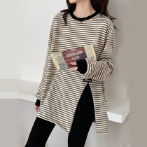 Pregnant Woman T-Shirt Long Sleeve Spring Dress New Medium Long Spring Open Fork Striped Pure Cotton Jersey Undershirt Girl Spring Autumn