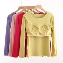 New style with chest pad thin thread small round neck thick long sleeve T-shirt women Autumn and Winter Cup underwear one pajamas base