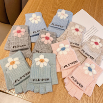Korean gloves Winter female ins cute Dew half finger flip gloves wool thick warm students write cold