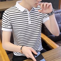 Amuda striped short-sleeved POLO shirt mens summer pure cotton mens t-shirt thin Korean version of the trend slim-fit top Paul shirt