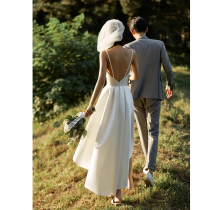2021 small man light wedding dress sling simple forest line location tour short front and back long small trailing tail out yarn bride