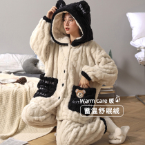 Coral velvet hooded pajamas womens autumn and winter 2021 New padded velvet flannel Spring and Autumn Home clothing set