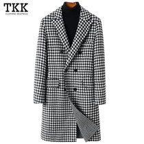 Thousand bird grid trench coat wool non-woolen double-sided cashmere autumn and winter mens coat coat long slim tide