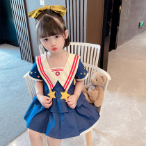 Female baby summer dress 2021 Childrens Korean Navy style short-sleeved skirt Girls summer thin net red dress