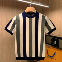 Europe and the United States summer personality vertical stripe color light short-sleeved T-shirt trendy men fashionable cool ice silk slim-fit knitwear