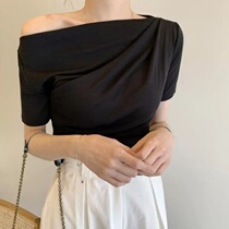 One-line collar black short-sleeved T-shirt womens summer 2021 new cotton oblique shoulder thin top womens design sense niche