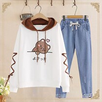 Cotton junior high school students spring suit female 2021 New College Style Womens Big Boy loose spring and autumn clothes two-piece set