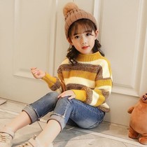 Girls sweater foreign style pullover 2021 new autumn and winter children plus velvet padded medium child knitting base shirt Korean version