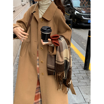 2021 autumn and winter new hand-stitched double-sided cashmere coat womens long small temperament single-breasted woolen coat