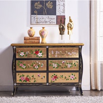  American painted entrance cabinet Living room Chinese classical retro decoration solid wood locker Hand-painted gold foil storage bucket cabinet