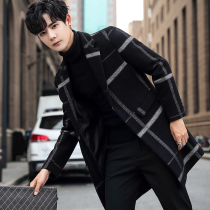 Rich bird autumn and winter plaid coat male young man long woolen coat suit collar thick Korean version of British mens clothing