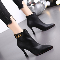 Hong Kong High heel Short boot Girls fine heel 2022 Spring autumn new pointed 100 Lapped Temperament Leather leather Martin boots