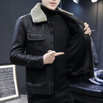 Fur collar leather mens velvet thickened lapel winter new fur one handsome warm leather jacket quilted jacket mens clothing