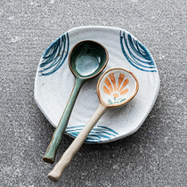 Wood Xi-Day Style Ceramic Spoon Cute High Face Value Retro Home Drink Soup Spoon Coarse Pottery Minima Sweet Little Spoon