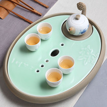 Household ceramic tea tray large hand-painted lotus tea table round double-layer water storage type tea tray