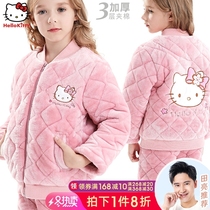Hello Kitty children's pajamas flannel plus velvet padded warm girls winter coral fleece girls home clothes