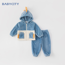Baby home clothes winter clothes New hooded plus velvet set baby padded shape pajamas boys warm two-piece set