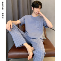 Cotton pajamas mens spring summer short-sleeved trousers summer loungewear can be worn with a light sports plus-size plaid set