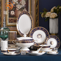 Tangshan bone china tableware set blue tone relief gold bone china bowl dish combination household light luxury tableware gift box
