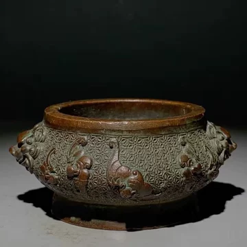 清乾隆矾红描金兽耳金鱼纹香炉钵古董古玩老货旧货官窑瓷器收藏