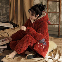 Winter new coral velvet three-layer cotton pajamas female cotton padded flannel plus velvet warm home clothing set