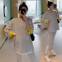 Pregnant women autumn 2021 new fashion wild long sleeve striped top spring and autumn pregnancy T-shirt pregnant women base shirt