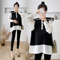Pregnancy woman dress spring clothing fake two pieces of parquet with long sleeves doll collar blouses large code T-shirt springtime display slim dolls