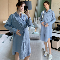 Pregnant women autumn fashion small fresh long sleeve lapel striped shirt pregnant women dress loose size shirt autumn