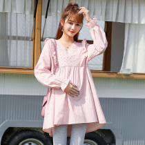 Pregnancy Woman Dress Spring Dress 2022 New Korean Version Jacquard Long Sleeve Blouse Loose Big Code T-shirt Little Sub Pregnant Woman Dress Spring