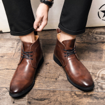Tide brand British style high-top leather shoes mens large size business leisure hair stylist Korean version of Zhongbang high leather boots