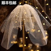 Satin bow small veil bridal style grid headdress Wedding Master wedding dress with makeup vintage short white yarn