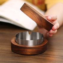 Japanese walnut solid wood ashtray large office household living room ashtray with cover anti-fly ash customizable LOGO