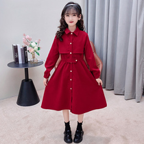 Girls College Wind Liandress Long sleeves New CUHK Scout Spring Autumn Skirt Children Princess Dresses Girl Red Long Dress