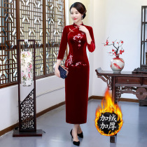 Cheongsam dress female wedding velvet long sleeve thick high end mother dress plus velvet elegant winter dress retro modified version
