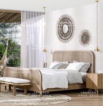 American country rattan bed post-modern old solid wood Nordic simple double bed bedroom retro creative B & B bed
