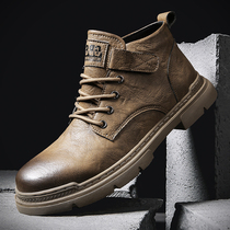 Martins men's tooling boots leather boots mid-top short boots winter plus velvet warm cotton shoes high-top winter men's shoes