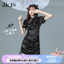 Black fried street improved Cheongsam womens summer young retro national tide girl Dark black womens clothing Chinese style dress