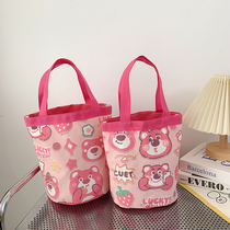 Strawberry Bear Lunch Bag Handbag Female Japanese Cartoon Cute Creative Lunch Bag Korean Simple Canvas Bucket Bag