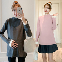 Lace splicing pregnant women base shirt fake two pieces of autumn winter half high collar long size plus pink shirt autumn