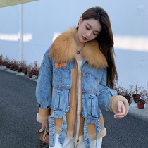 Haining fur jacket winter denim stitching leather wool one 2021 new female young down jacket Parker