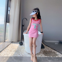  Girls summer long T-shirt bag hip skirt 2021 new foreign style childrens clothing childrens ball suit vest dress tide