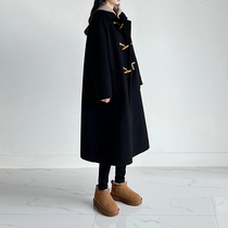 Horn buckle double face cashmere big coat woman 2022 autumn winter new Korean mid-length small sub black fur coat