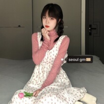 SEOUL Korean style chic retro sweet Western Age flower lace-up wooden ear long vest dress