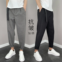 Hanging trousers mens straight loose nine-point pants net red summer ice silk small pants trend Korean version striped casual pants