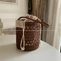 Rerounded woven pure handmade Lafite cotton grass bucket bag diy material bag custom Korean retro portable hollow bag